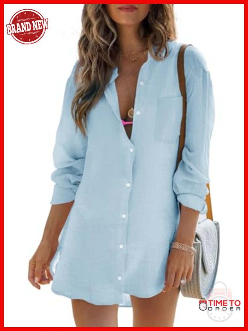 Women's Button Down Beach Cover Up Cotton Gauze Long Sleeve Tunic Shirt